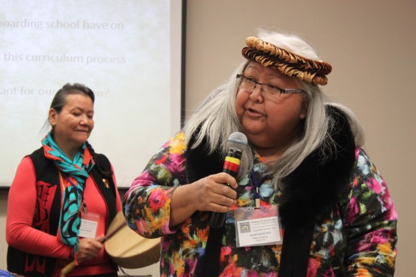 Tlingit elder Della Cheney talks during a panel discussion on boarding schools at the “Sharing Our Knowledge; A Conference of Tlingit Tribes & Clans.” In the 1920s and 1930s, Cheney’s parents attended Sheldon Jackson School in Sitka. (Photo by Lisa Phu/KTOO)