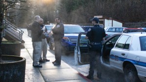 Juneau police investigate the scene of the murder on Douglas Island Thursday morning (Photo by Elizabeth Jenkins/KTOO)