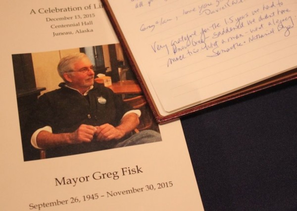 Many signed the guest book at the celebration of life for Greg Fisk on Sunday. (Photo by Lisa Phu/KTOO)