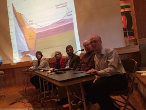 After the game show, Kreiss-Tomkins and Pitney joined Sitka Mayor Mim McConnell, School Board Director Tim Fulton, and Sitka Community Hospital CEO Rob Allen to take audience questions about how the state budget will affect Sitka. (Emily Kwong/KCAW photo)