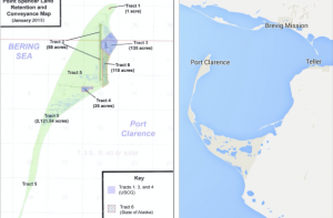 A map of the Point Spencer allotment shows the BSNC portion in green, the Coast Guard portion in purple, and the State of Alaska portion in checkerboard. (Image: Office of Rep. Don Young, Google)