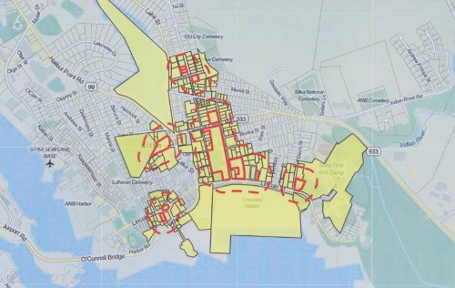 At its Tues., Jan. 12, meeting, representatives from Sitka's Marijuana Advisory Committee advocated for a 200-foot setback distance that would allow cannabis business to develop downtown (Map courtesy of CBS. Shared via KCAW.org.)