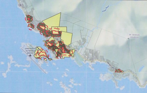 Using the state’s 500 foot setback provision as a guide, this map indicates in yellow where pot businesses cannot be located in Sitka. (Map courtesy of CBS)