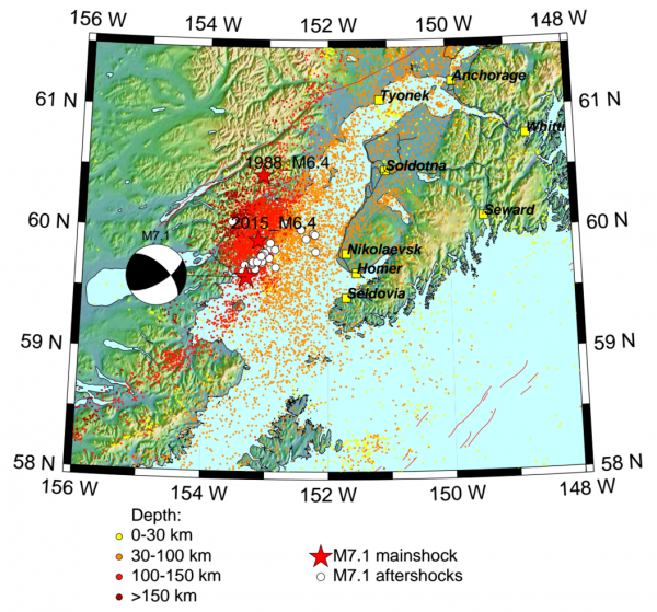 Map of aftershocks from Sunday's 7.1M earthquake. Photo: Alaska Earthquake Center at UAF.