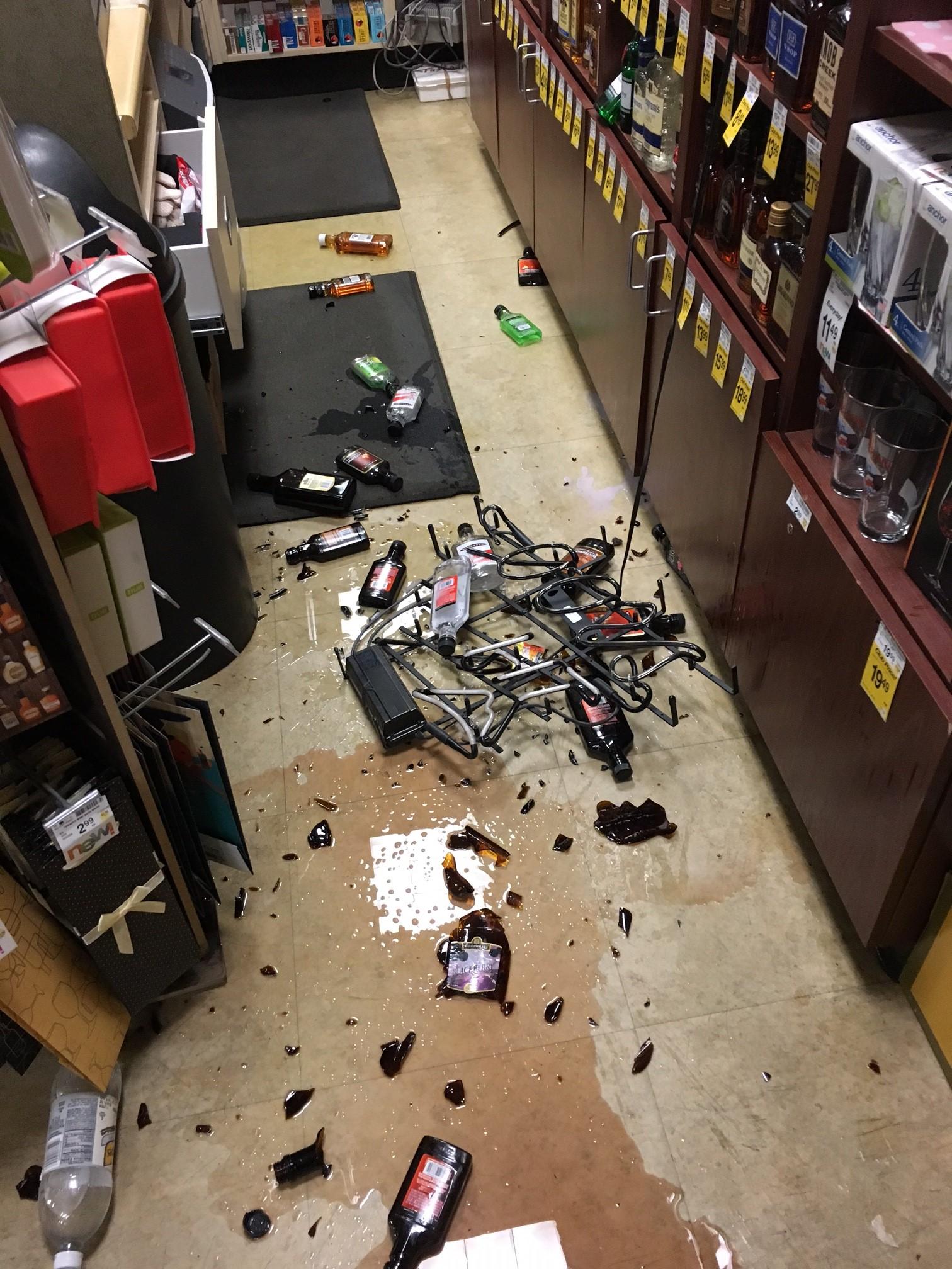 Broken bottles in Safeway liquor store (Photo by Perry Lynn, Carrs/Safeway Grocery Manager) 