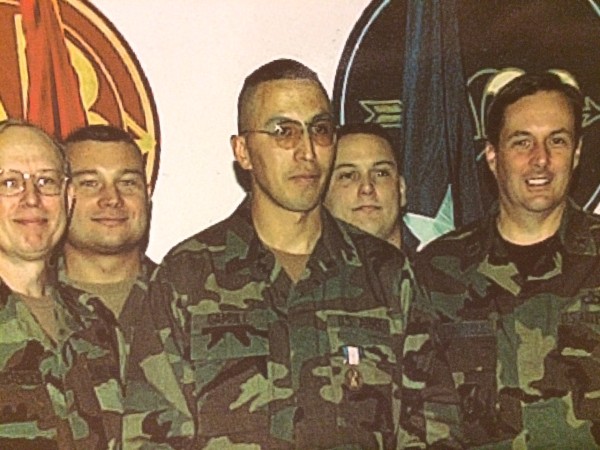 Corporal Randall J. Gamble (center) was awarded the Soldier's Medal in 2003 during a ceremony at the school in Angoon. Courtesy of Randall J. Gamble.