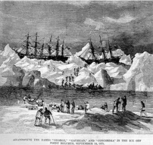 Abandonment of the whalers in the Arctic Ocean, September 1871, including the George, Gayhead, and Concordia. Scanned from the original Harper's Weekly 1871. Image courtesy of Robert Schwemmer Maritime Library.