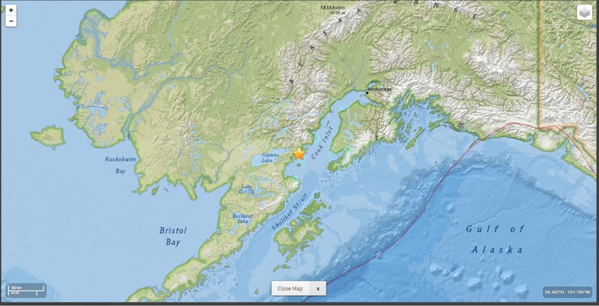 A magnitude-7.1 earthquake struck in Cook Inlet early Sunday morning, the largest ever recorded in Cook Inlet. (Photo by United Geological Survey)