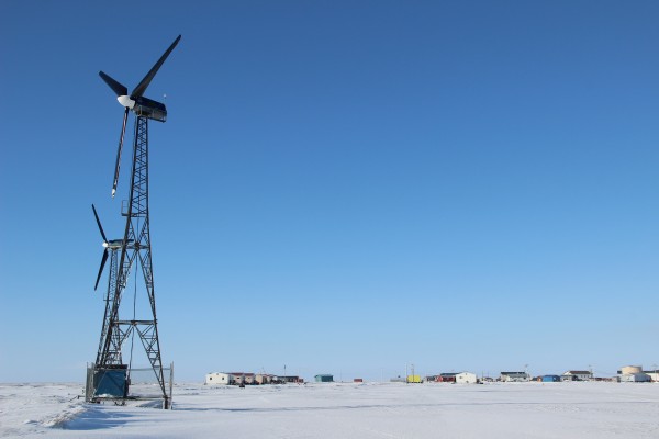 Kwigillingok has five wind turbines, four of which are currently working. Photo: Rachel Waldholz/APRN