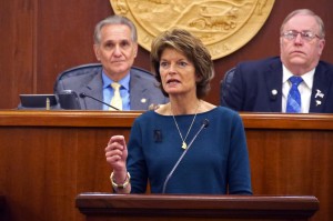 Sen. Lisa Murkowski addresses a joint session of the Legislature on Feb. 17 (Photo: Skip Gray/KTOO