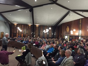 More than 400 people packed into St. Anthony's Catholic Church on Monday to discuss the community's lack of detox beds. (Hillman/KSKA)
