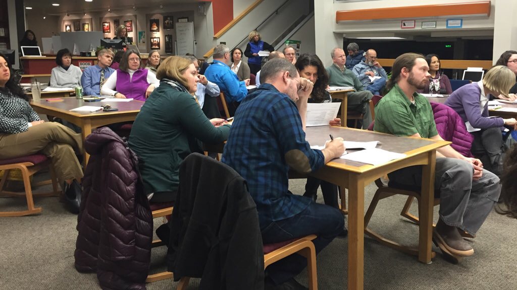 The Juneau School District held a public forum on the budget Feb. 2 at the Juneau-Douglas High School library. (Photo by Lisa Phu, KTOO - Juneau)