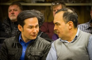 Rep. Neal Foster, left, and Sen. Donny Olson during a discussion of legislative priorities with the City Council and the pubic in Nome. (Photo via KNOM)