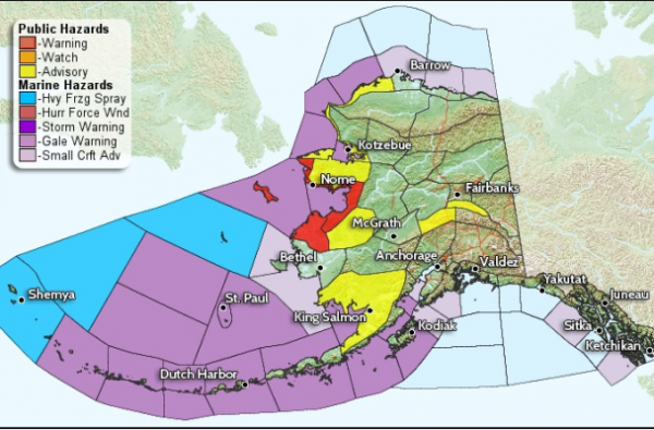 The Southern Seward Peninsula is under a winter storm warning until Wednesday at 6 p.m. In Nome, all schools and state offices are closed. All flights have also been canceled. (Image: National Weather Service)