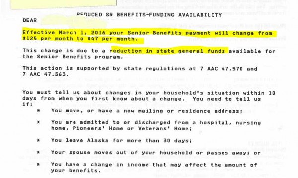 A letter sent February 18th to beneficiaries of the Senior Benefits Program.
