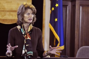 Sen. Lisa Murkowski talks with reporters during a press availability (File photo by Skip Gray, 360 North)