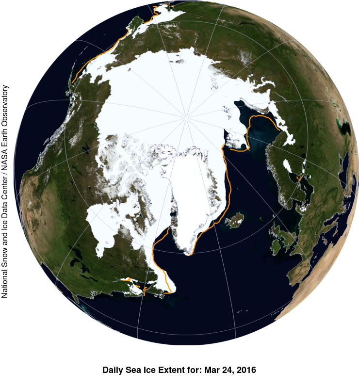 The National Snow and Ice Data Center says Arctic sea ice extent as of March 24 averaged 5.6 million square miles, about 5,000 miles less than last year’s record-low maximum extent. (Photo courtesy of NSIDC, NASA Earth Observatory)