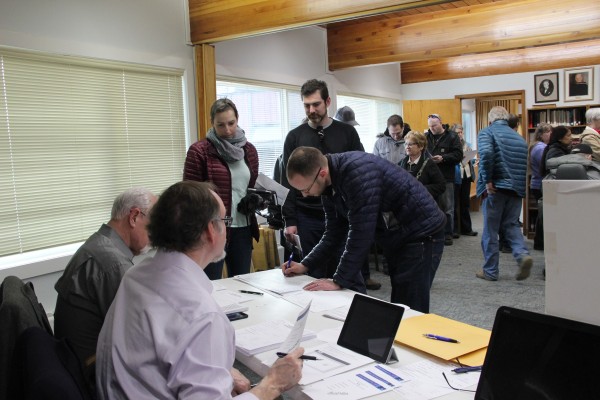 The First Christian Church on LaTouche Street in Anchorage was packed with voters for the 2016 Alaska GOP Presidential Preference Poll. Photo: Rachel Waldholz/APRN