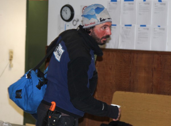 Cody Strathe preparing to leave Galena checkpoint after his 8 hour rest was up. (Photo by Zachariah Hughes/KSKA/0