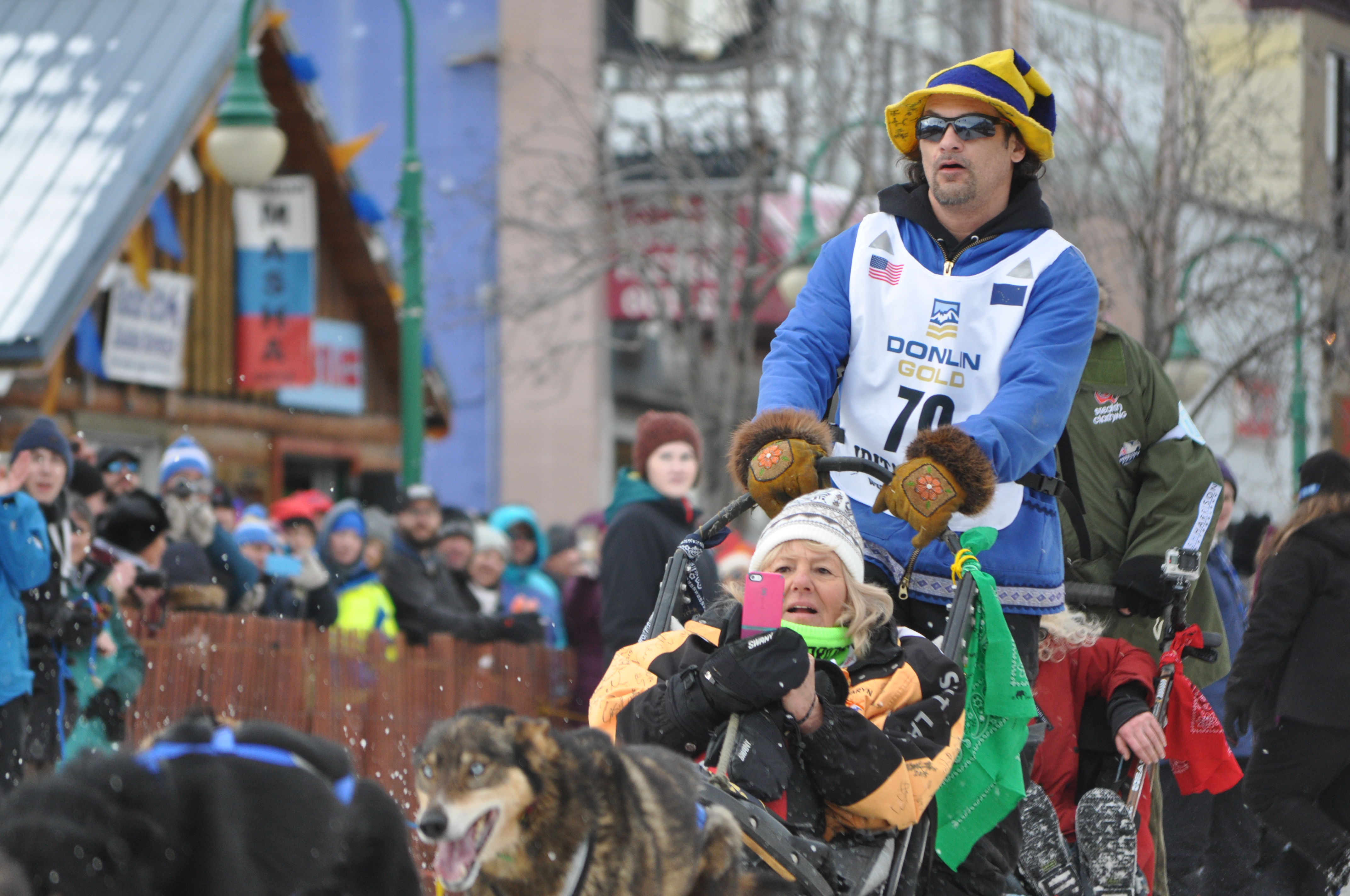 Hugh Neff at the ceremonial Iditarod start. Neff was the first racer out of Rainy Pass. (Photo by Pat Yack, APRN - Anchorage)
