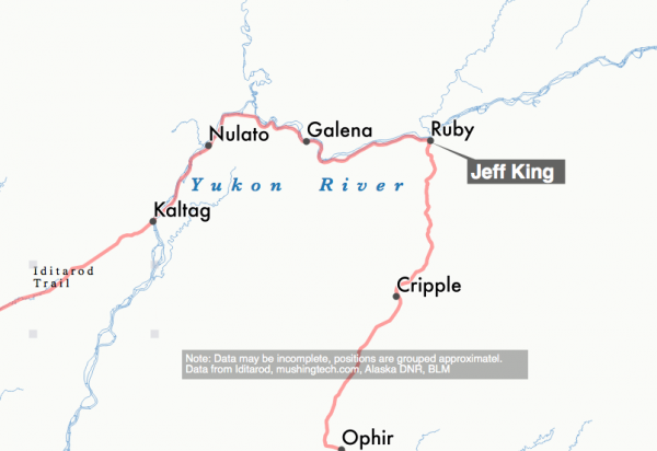 Jeff King is the first musher to Ruby. (Graphic by Ben Matheson / Alaska Public Media.)
