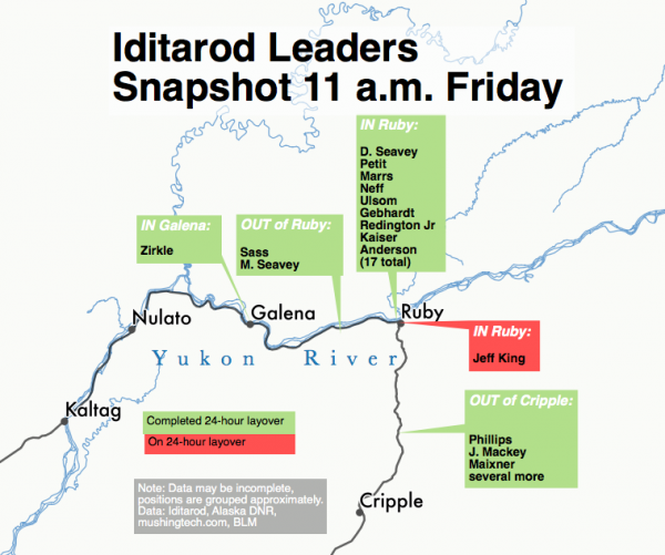 Frontrunners in the 2016 Iditarod are pushing past Ruby into the Yukon River community of Galena. (Graphic by Ben Matheson/Alaska Public Media)