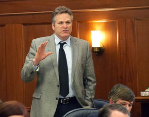 Sen. Mike Dunleavy, R-Wasilla, on the floor of the Senate during debate about the state operating budget, March 14, 2016. (Photo by Skip Gray/360 North)