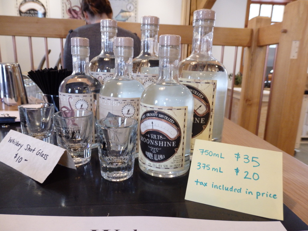 Haines’ Port Chilkoot Distillery Icy Strait Vodka, 50 Fathoms Gin and 12 Volts Moonshine. (Photo by Emily Files, KHNS - Haines)