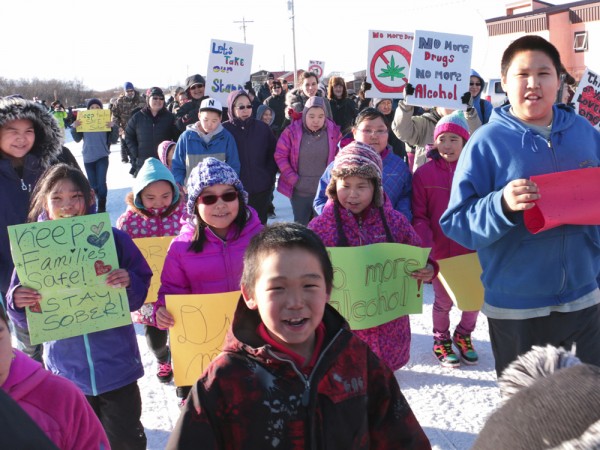 Kwethluk students march for sobriety in their community. (Photo by Dean Swope / KYUK)