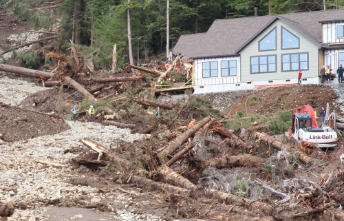 The August 18, 2015 landslide damaged properties being built by Sound Development LLC, on land they purchased from the city in 2013. (Photo by Robert Woolsey, KCAW - Sitka)