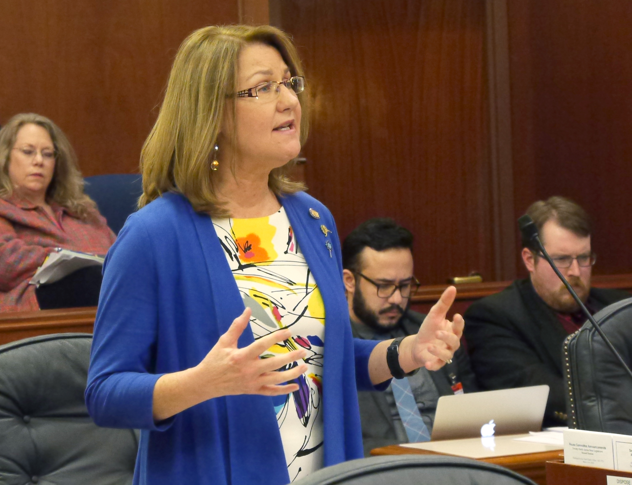 Sen. Anna MacKinnon, R- Anchorage on the floor of the Senate during debate about the state operating budget, March 14, 2016. (Photo by Skip Gray, 360 North)