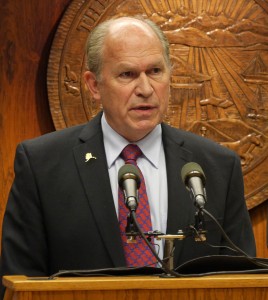 Gov. Bill Walker, pictured at a press availability on January 28, 2016, vetoed a bill that would set University of Alaska board seats by geography. (File photo by Skip Gray, 360 North)