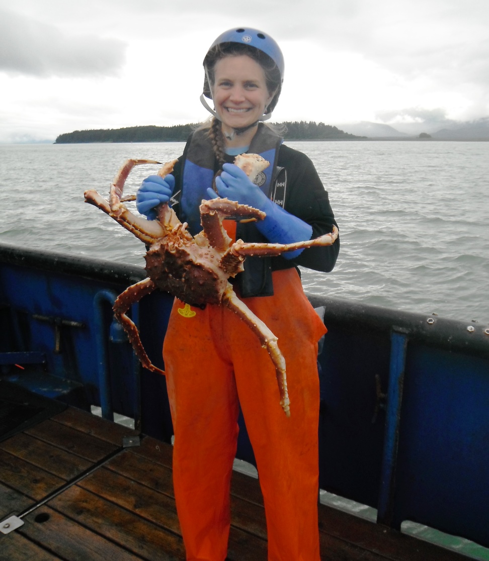 Leah Sloan shows off a red king crab she collected during an Alaska Department of Fish and Game survey in summer of 2015 (Photo courtesy of Leah Sloan)