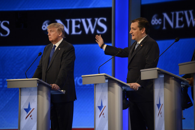 Donald Trump and Ted Cruz at an ABC Republican debate in New Hampshire, Feb. 6, 2015. (Creative Commons photo by Ida Mae Astute/ABC)