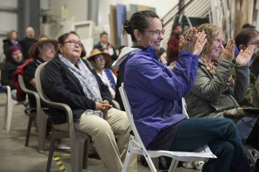 At least 100 people celebrated during a groundbreaking ceremony for the construction of a homeless housing facility on Monday May 16, 2016 in Juneau, Alaska. The Juneau Housing First Collaborative is overseeing the project which will put a 32-unit facility in place. (Photo by Rashah McChesney, KTOO - Juneau)