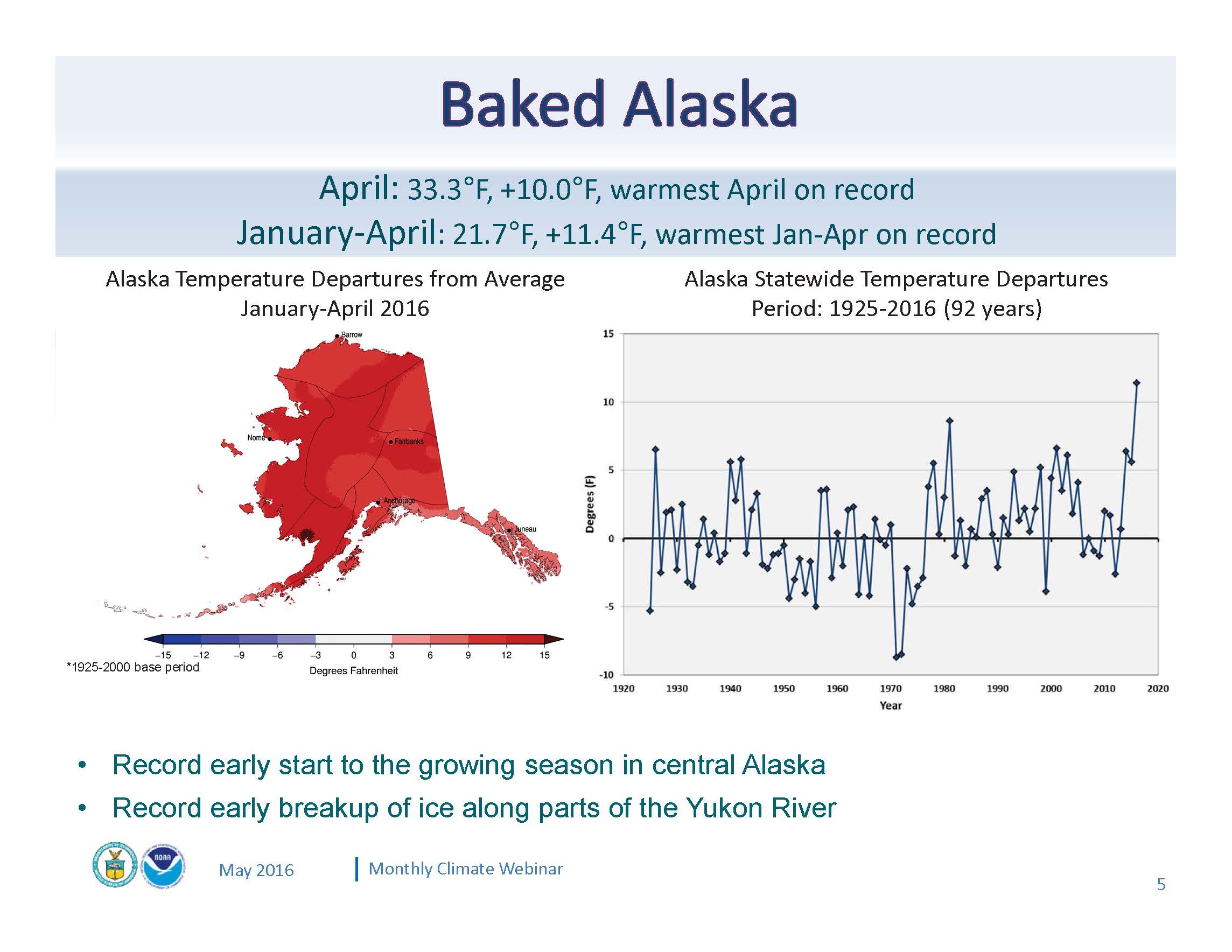 An intensely warm winter and spring are melting climate records across Alaska. The January-April 2016 period was an incredible 11 degrees above normal, setting the stage for a potentially unprecedented summer. (Graphic courtesy of NOAA)
