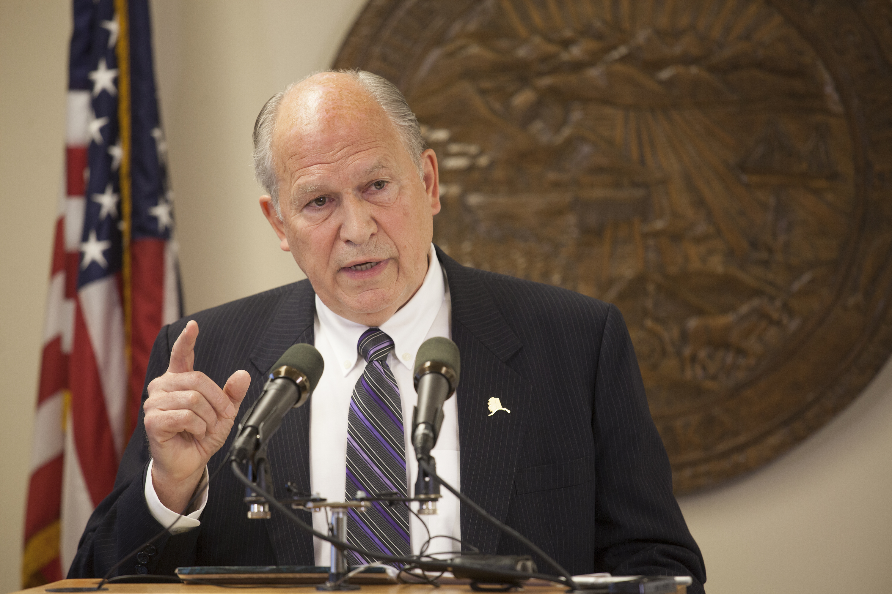 Alaska Gov. Bill Walker talks about the state's budget on Wednesday, June 1, 2016 during a press conference in Juneau, Alaska. (Photo by Rashah McChesney, KTOO - Juneau)