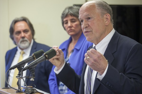 Revenue Commissioner Randall Hoffbeck, Budget Director Pat Pitney and Alaska Gov. Bill Walker held a press conference on Wednesday, June 1, 2016 in Juneau, Alaska. Lawmakers approved a budget that draws heavily from state savings, Walkers administration is advocating for different sources of revenue. (Photo by Rashah McChesney/KTOO)