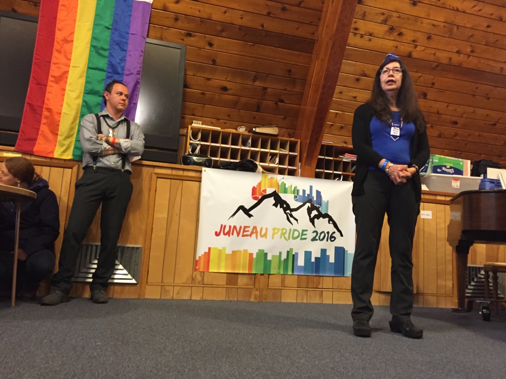 The reception was hosted at the Northern Lights Church in Juneau and sponsored by SEAGLA, the Southeast Alaska Gay and Lesbian Alliance, which celebrated its 30th anniversary this year. (Photo by Emily Kwong, KCAW - Sitka)