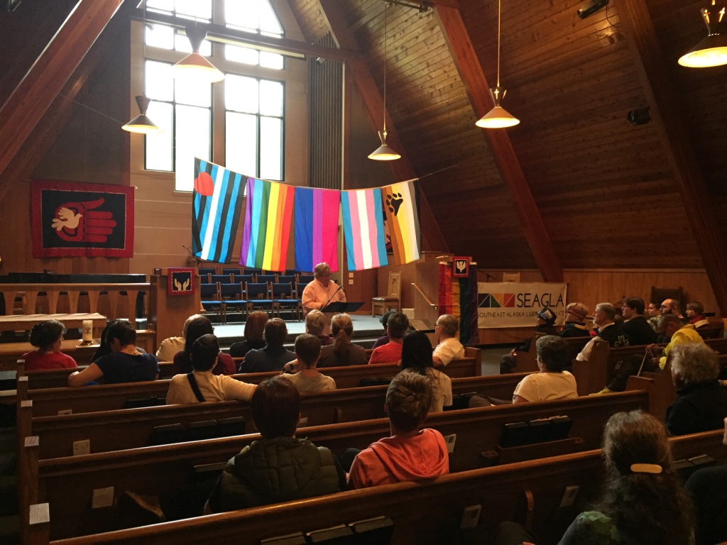 Artist Ricky Tagaban organized a Two Spirit Pride Reception to begin Juneau's pride week, held on June 11th. Speakers included Freda Westman, Alaska Native Sisterhood Grand Camp President. The next day was the Orlando shooting. (Photo by Emily Kwong, KCAW - Sitka)