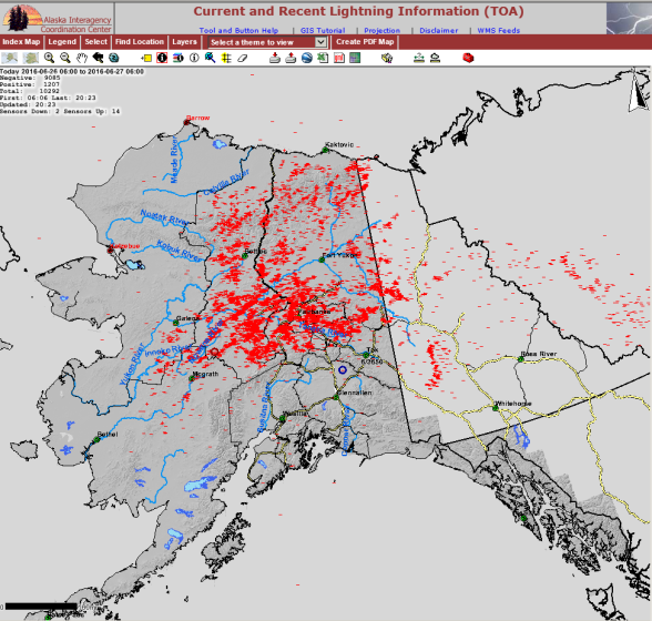 10,292 lightning strikes were recorded across Alaska between 6 a.m. and 6 p.m. on June 26, 2016, according to the Alaska Interagency Coordination Center. 