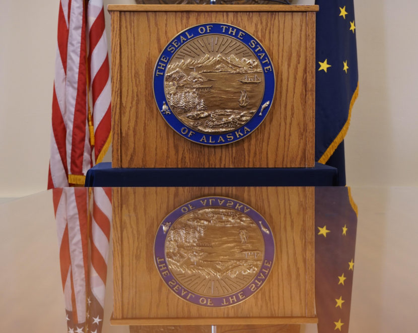 The governor’s podium and seal of the state of Alaska in the governor’s temporary offices in Juneau, June 19, 2016. (Photo by Jeremy Hsieh, KTOO - Juneau)