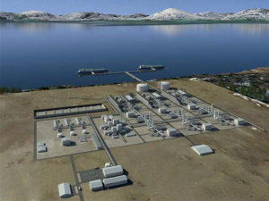 This illustration shows a rendition of what the liquefaction plant in Nikiski could look like if the Alaska LNG project is completed as planned. (Image courtesy of the Alaska LNG project.)