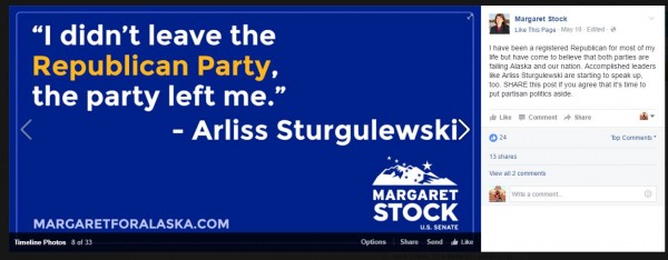 Sturgulewski complained that this Facebook post suggested she endorses Stock.