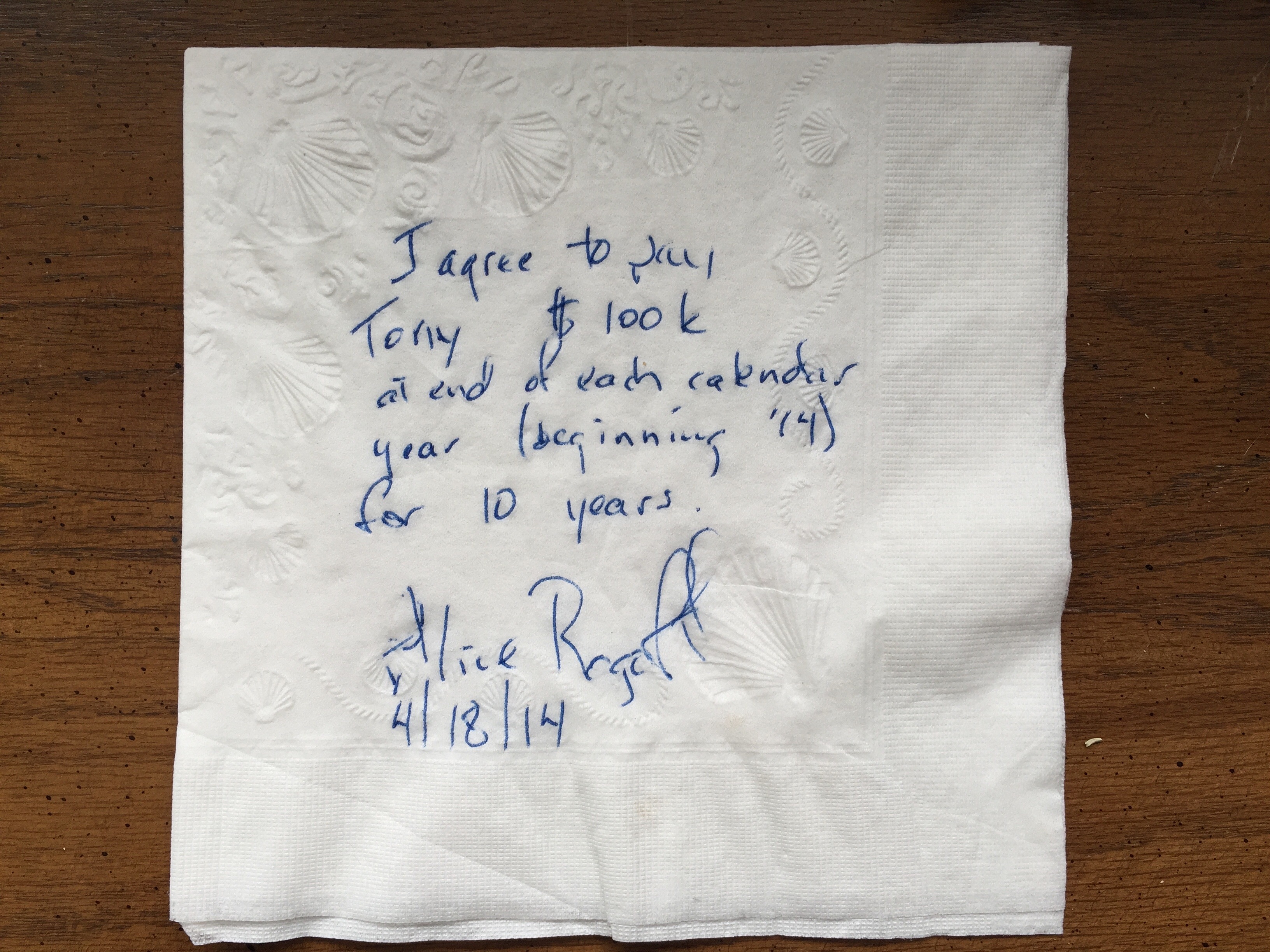 A copy of the napkin signed by Rogoff, courtesy of Tony Hopfinger.