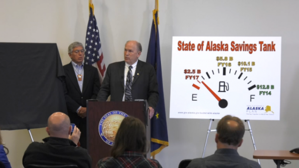 Governor Bill Walker announced vetoes totaling $1.29 billion at a press conference in Anchorage on Wednesday, June 29, 2016. (Screenshot via web stream courtesy Gov. Walker's office)