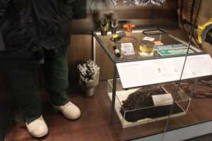 Inside a display case, clothing worn during the construction of the trans-Alaska pipeline, a drill bit and a snare used to absorb oil from the Exxon Valdez oil spill. (Photo by Elizabeth Jenkins/KTOO)