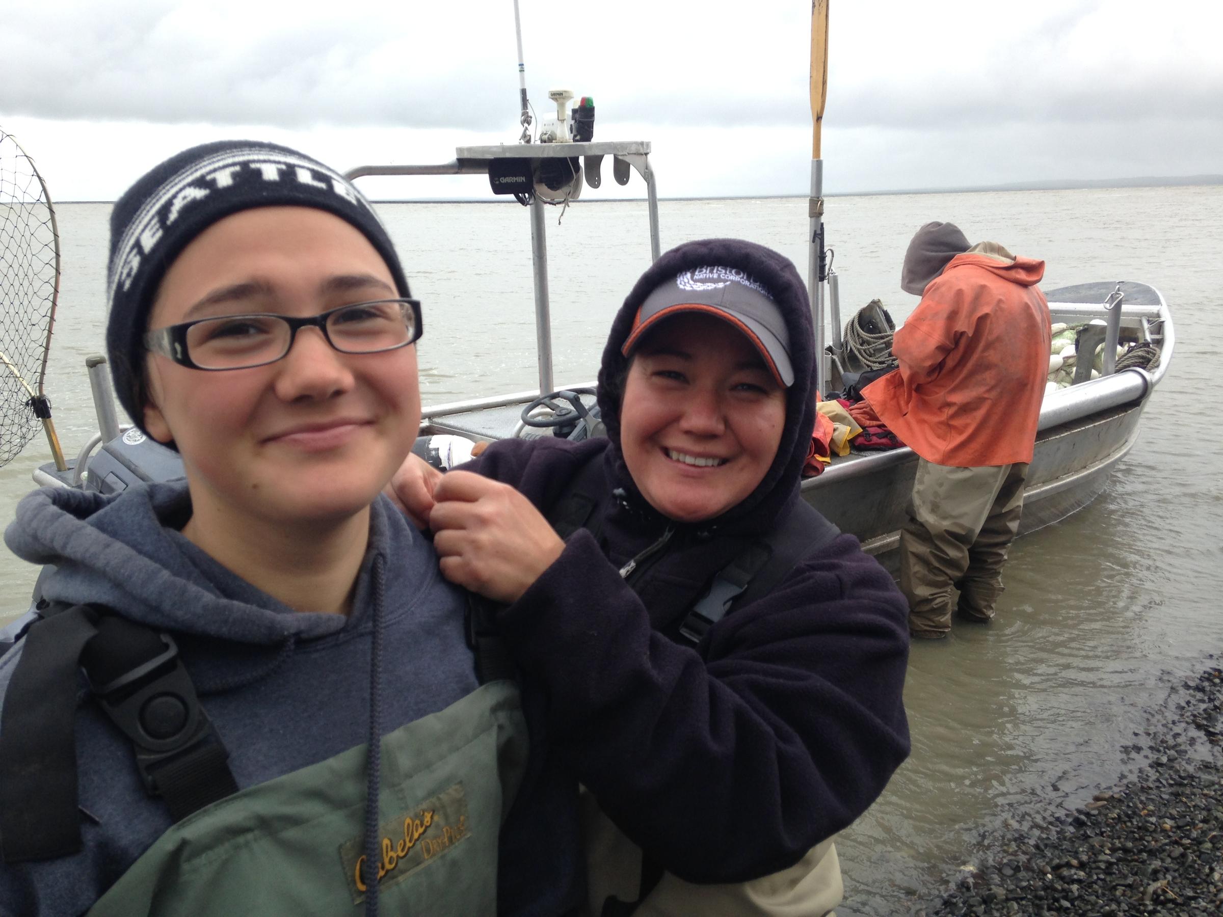 Alithia Belleque and her mother Johanna set net at Coffee Point near Dillingham, and caught Bristol Bay's 2,000,000,000th salmon on July 6, 2016. (Photo by KDLG)
