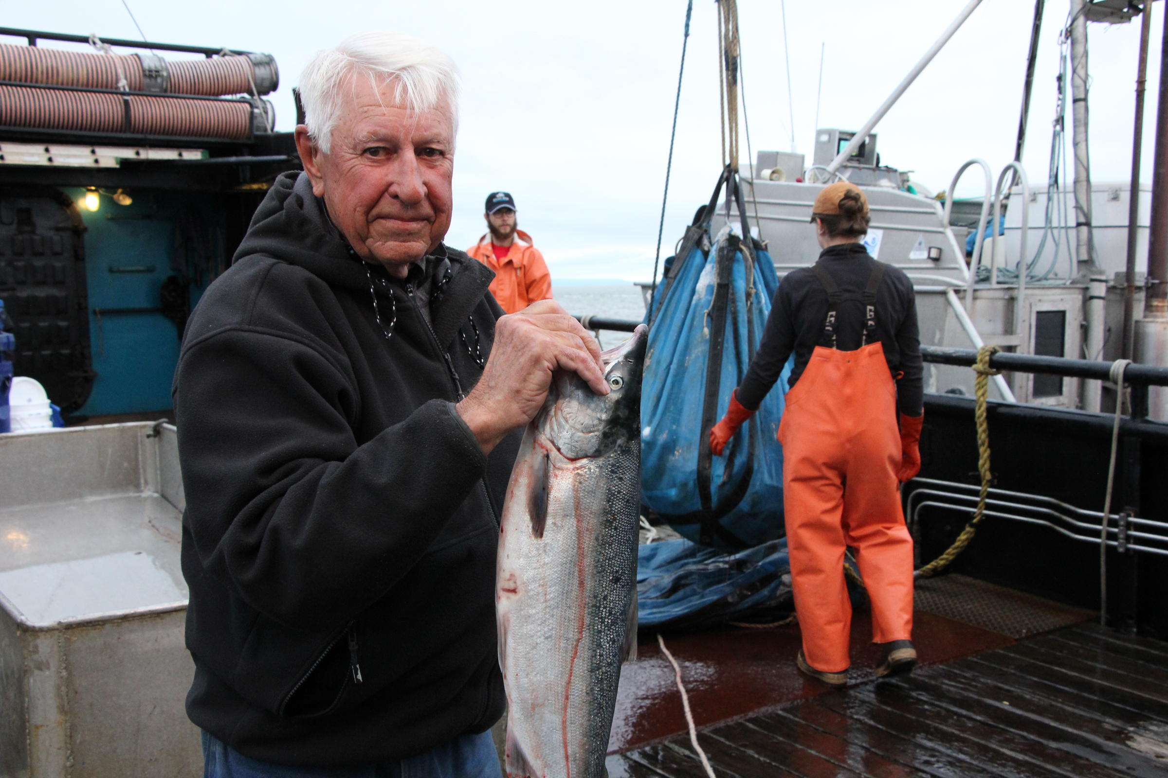 Skipper Howard Knutsen, 86, delivered Bristol Bay's two billionth salmon to the F/V Lady Helen in Ugashik. One of his salmon made it's way to the Governor. (Photo by KDLG)