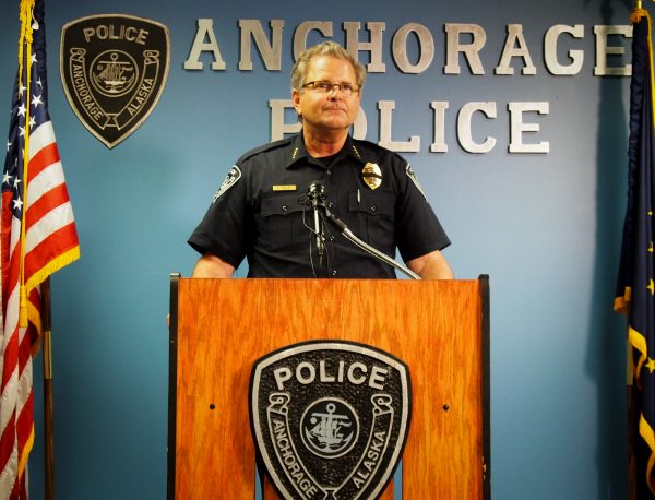 Anchorage Police Chief Chris Tolley addresses reporters during a brief press conference following the incident (Photo: Zachariah Hughes - Alaska Public Media, Anchorage)